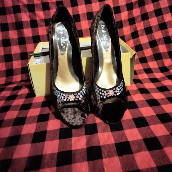 LADILIKE Women High Heels Shoes Velvet Rhinestone Open Toe Brown Size 9 - Picture 3 of 6